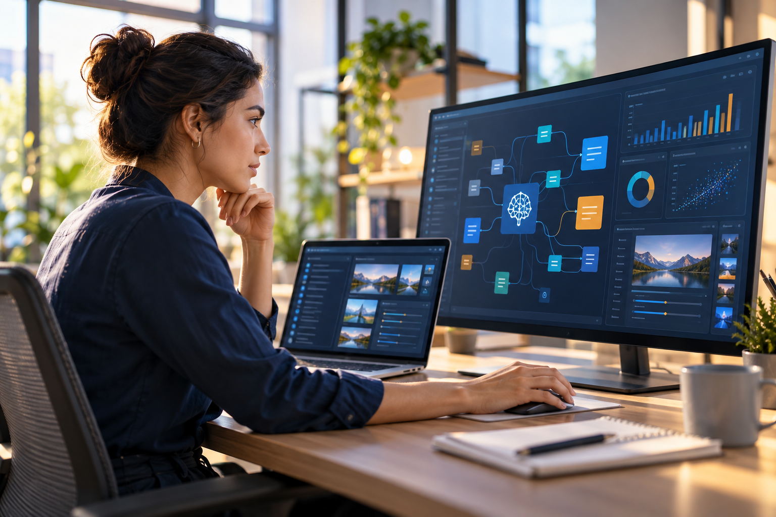 Profesional trabaja con inteligencia artificial y herramientas digitales para analizar información.