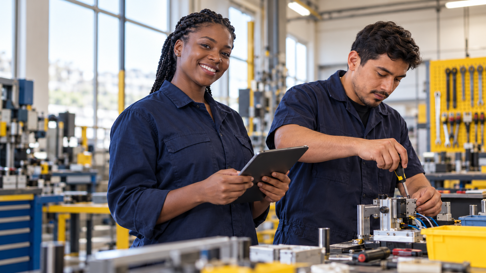 Una estudiante y un trabajador aprenden en un taller técnico